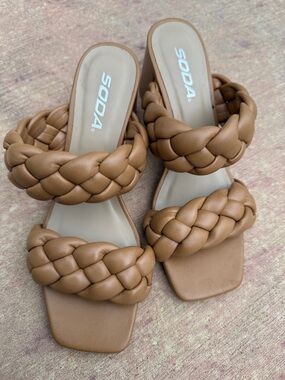 Soda Braided Double-Strap Slide Sandals in Tan